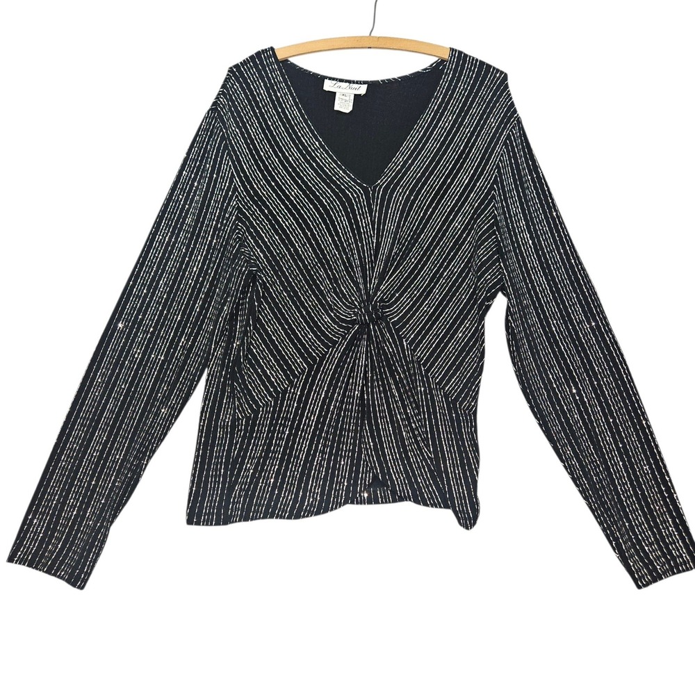VTG 90s La Nuit Twist Front Evening Top McBling Silver Stripe Black Sz XL BOHO